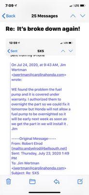 Email stating that a new fuel pump would be but on my side by side and all they did was clean it. Is this legal?