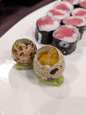 Quail egg (nigiri menu) with ponzu and scallion, tuna roll