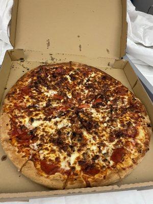 Pepperoni, bacon, & mushroom pizza!