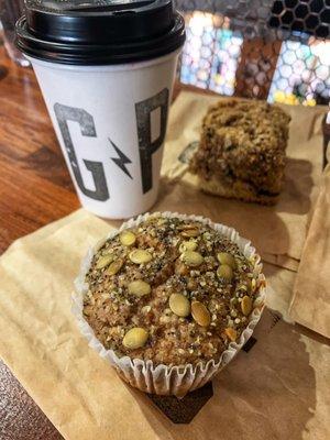 Latte, muffin, and coffee cake