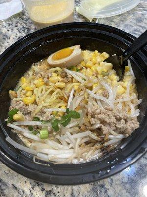 Build your own: tonkotsu regular, miso,corn,ground pork,mayu, Ajitama (egg)