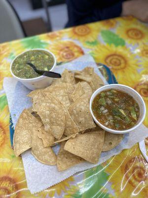 Chips and homemade salsas.