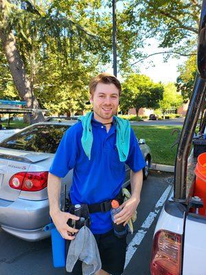 Gabe all suited up with his window cleaning gear. He is ready to do some exterior window cleaning in Rancho Cordova