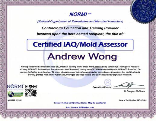 NORMI CERTIFIED IAQ/MOLD ASSESSOR