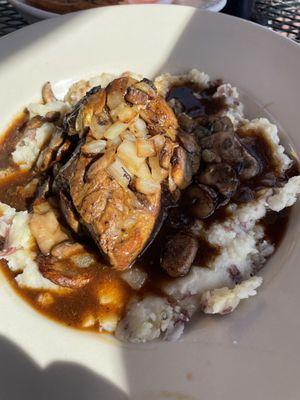 Short Rib special over mashed potatoes with onions and mushrooms.