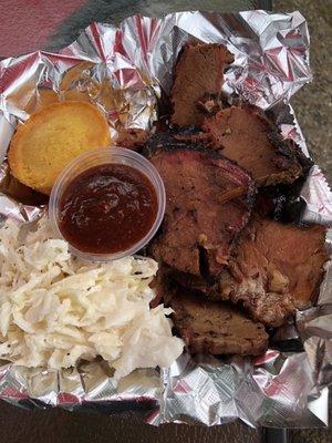 Reheated brisket in a fry pan ( dead ) with beans and sweettttt coleslaw and corn bread