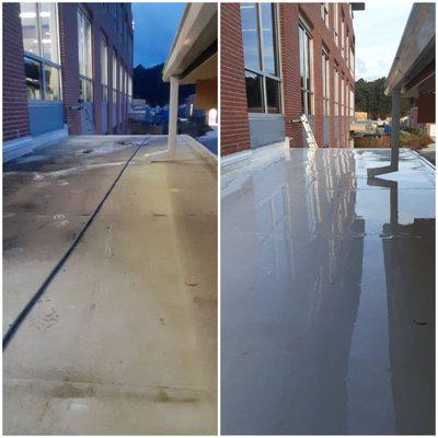 Pressure washing concrete before and after.