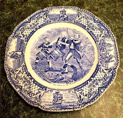 An interesting English blue & white plate found in the antiquities section. Spirit of '76.