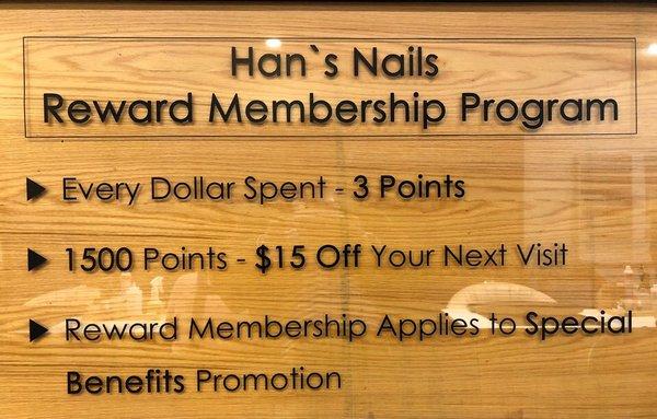 Han's nails reward membership program.Free card!