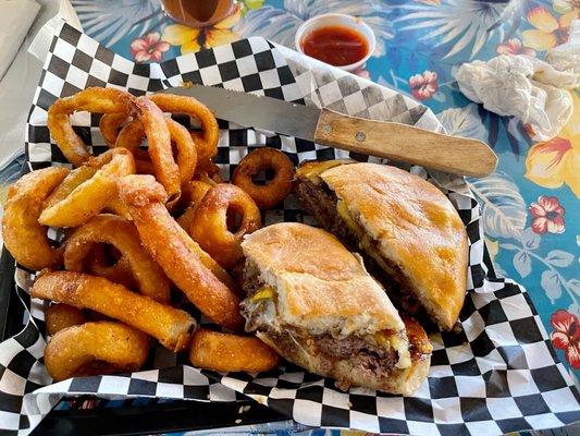 Island Burger - with grilled pineapple and teriyaki sauce.  Had choice of onion rings and requested BBQ sauce for dipping rings!