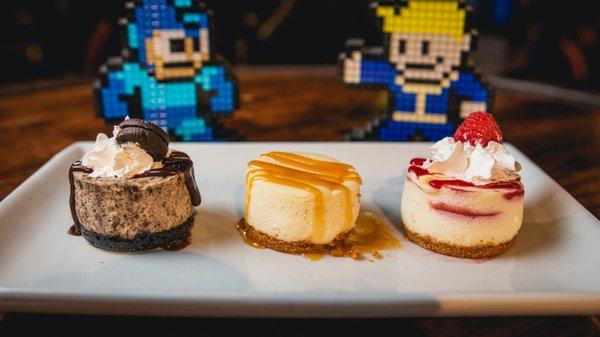 Cheesecake Bites: Oreo cheesecake with an oreo crust, Caramel Cheesecake and Raspberry Cheesecake with a Graham Cracker Crust