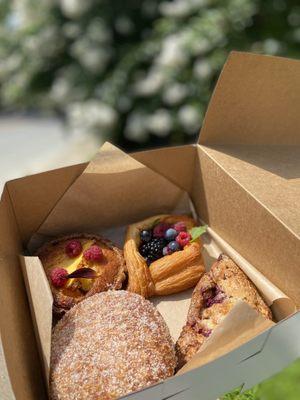 Peach raspberry almond tart, fresh berry danish, raspberry + basil cream beignet, raspberry scone