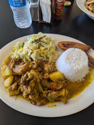 Chicken Curry, white rice, cabbage, fried plantains