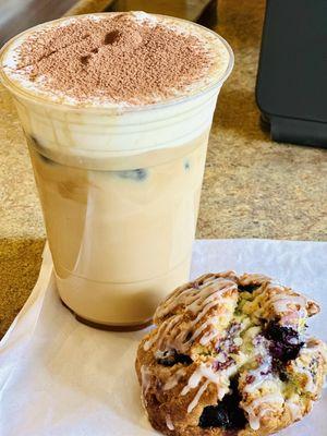 Tiramisu latte!!!  Must try! Paired it with a delicious blueberry scone