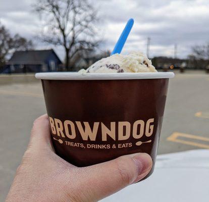 Two flavors on a cold day: Salted caramel ice cream with pecans and Holy Cone-oli with waffle cone pieces. Both were very good.