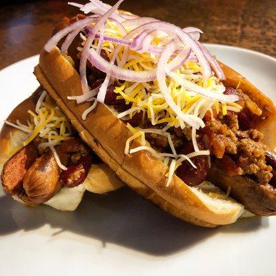 All beef hot dogs w/ house made beef chili & cheddar (part of a daily special)