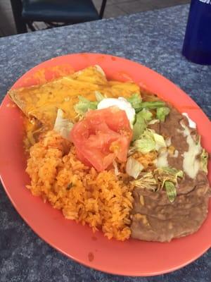 Chicken enchiladas with rice and beans!