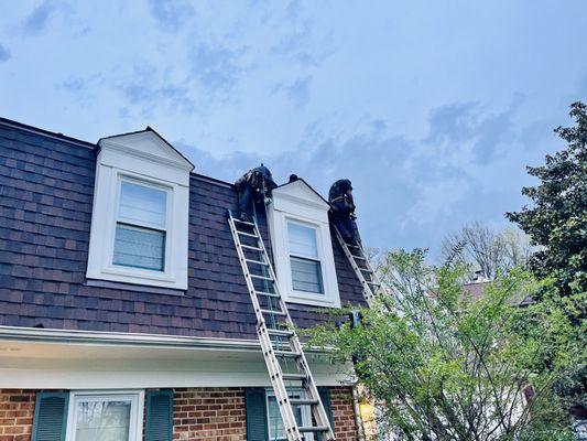 We're shingling a mansard style roof in Herndon.