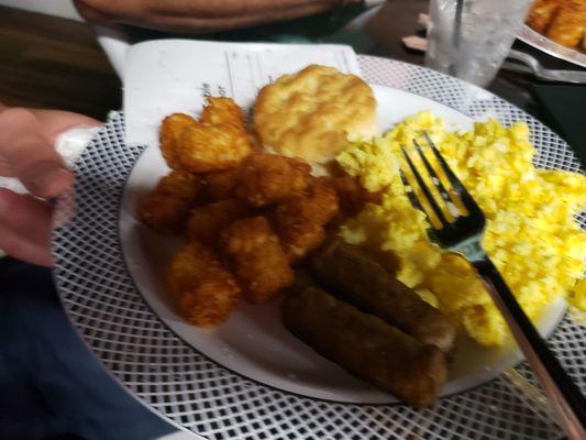 Excellent tater tots, eggs, sausage, & biscuit for drag brunch.