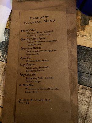 February cocktail menu 2024.