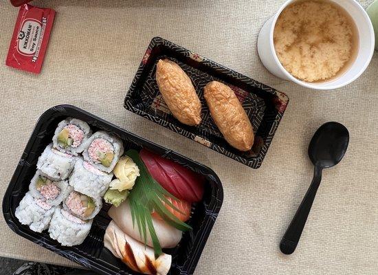 sushi regular, inari, and miso soup