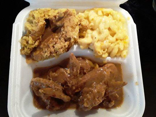 Smothered Chicken Wings, Dressing, Mac and Cheese