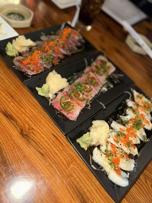 Tuna tataki, yellowtail app and conch app.