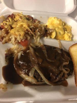 Salisbury steak, loaded potatoes