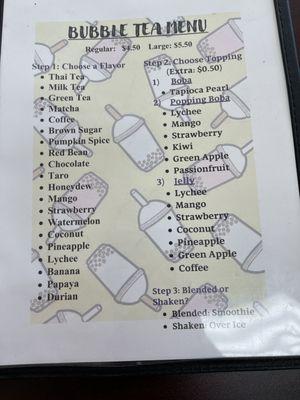 Bubble tea drinks menu