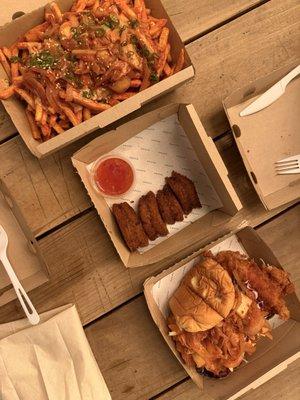 Kimchi-style fries (top), shrimp toast (middle), and k-chicken sando (bottom)