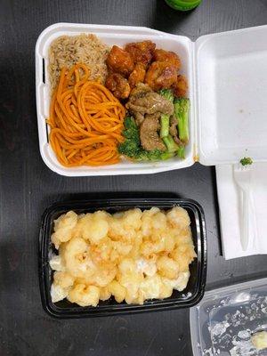 Orange chicken, beef and broccoli, fried rice, chow mein, pineapple shrimp