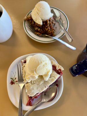 Bumbleberry and pecan pie slices, both with ice cream.