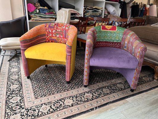 Dining chairs reupholstered in multi  matching colors provided by the customer