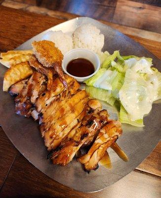 Bento. Comes with chicken, fried shrimp, gyoza, salad, and rice.