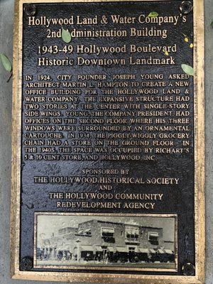 Plaque explaining how the Hollywood Land and Water Company used to sit on the site of the park.