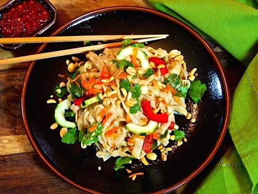 My Shiratake noodles with fresh cucumber, carrot, red pepper and a tahini, peanut dressing.