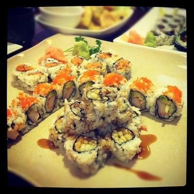 spicy tuna, California roll, and eel and cucumber (back to front)