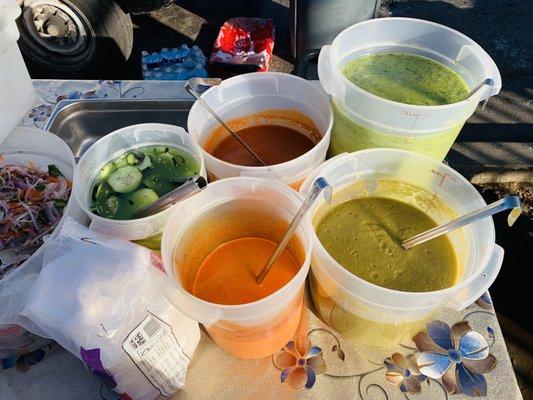 3/2/23 freshly made salsas, careful, the spicy cucumbers can make you sweat!!!