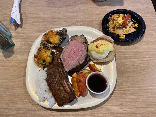 Prime rib, eggs Benedict, Korean beef ribs, real jasmine rice, baked oysters, chilaquiles, and potatoes. Yum!