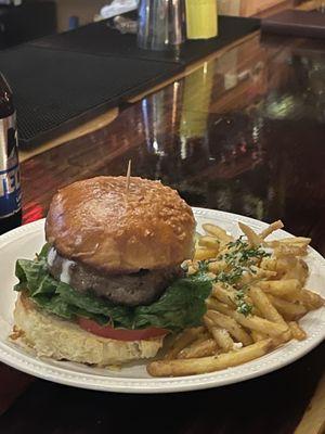 Chorizo burger with Parmesan fries