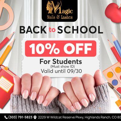 BACK TO SCHOOL: 10% OFF FOR STUDENTS

 Nail yourself back to school with a fresh look at Magic Nails