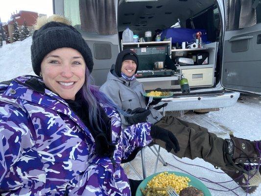 Cooking out back on the side of a mountain. Life isn't bad