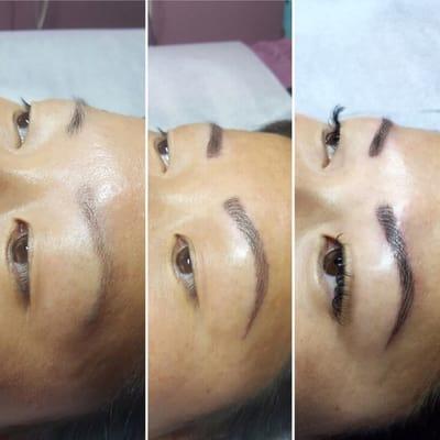 Eyebrows before, after initial microblading semi-permanent tattooing, and immediately after touch up session a month later.