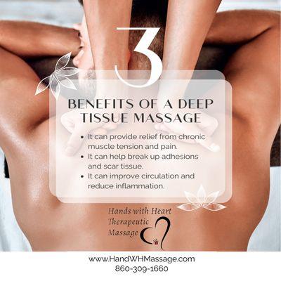 Deep tissue massage can provide relief from chronic muscle tension and pain by targeting deeper layers of muscle and connective tissue.