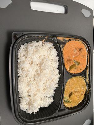 Chicken tikka (orange) and panang curry (yellow)