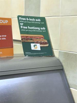 Free 6-inch Sub (with purchase of $25 gift card) Free footlong sub (with purchase of $50 gift card