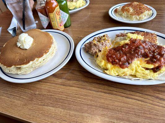 Chilaquiles comes with 3 buttermilk pancakes