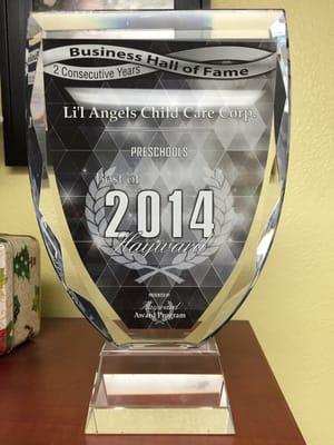 Li'l Angels was elected into the "Business Hall of Fame" for being Best of 2014 Hayward for Preschools!