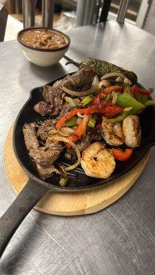 Beef Fajitas with shrimp veggies, Charro  beans one touch gacamole !