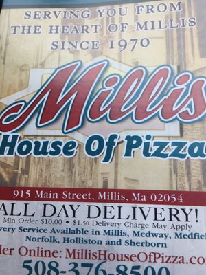 Millis House of Pizza -- 915 Main Street / Route 109, Millis          Menu